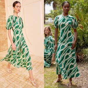 Ulla Johnson Ines Acacia Green Puff Sleeve Printed Silk Midi Dress Size 0